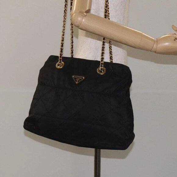 PRADA Chain Shoulder Bag Nylon Black Gold Auth - Picture 1 of 16